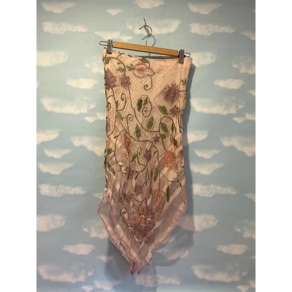 Handkerchief skirt pink floral embroidered beaded Y2K 2000s asymmetric hem XS - Picture 5 of 6